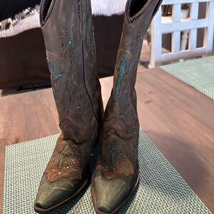Laredo Brown and Teal Embroidered Heeled Boots
